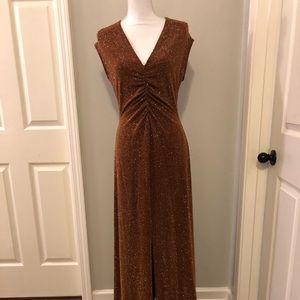 V-neck shirred front long gold party dress